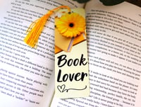 Image 1 of Beautiful Book Lover and Sunflower Handmade Metal Bookmark with Tassel, reading, page, yellow