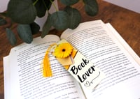 Image 2 of Beautiful Book Lover and Sunflower Handmade Metal Bookmark with Tassel, reading, page, yellow
