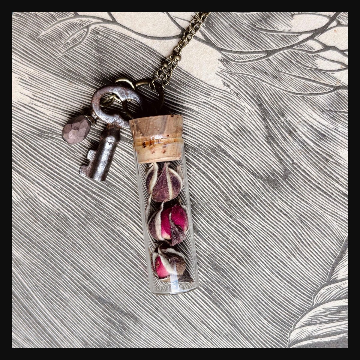 Rose Buds in Vintage Glass Vial with small key necklace