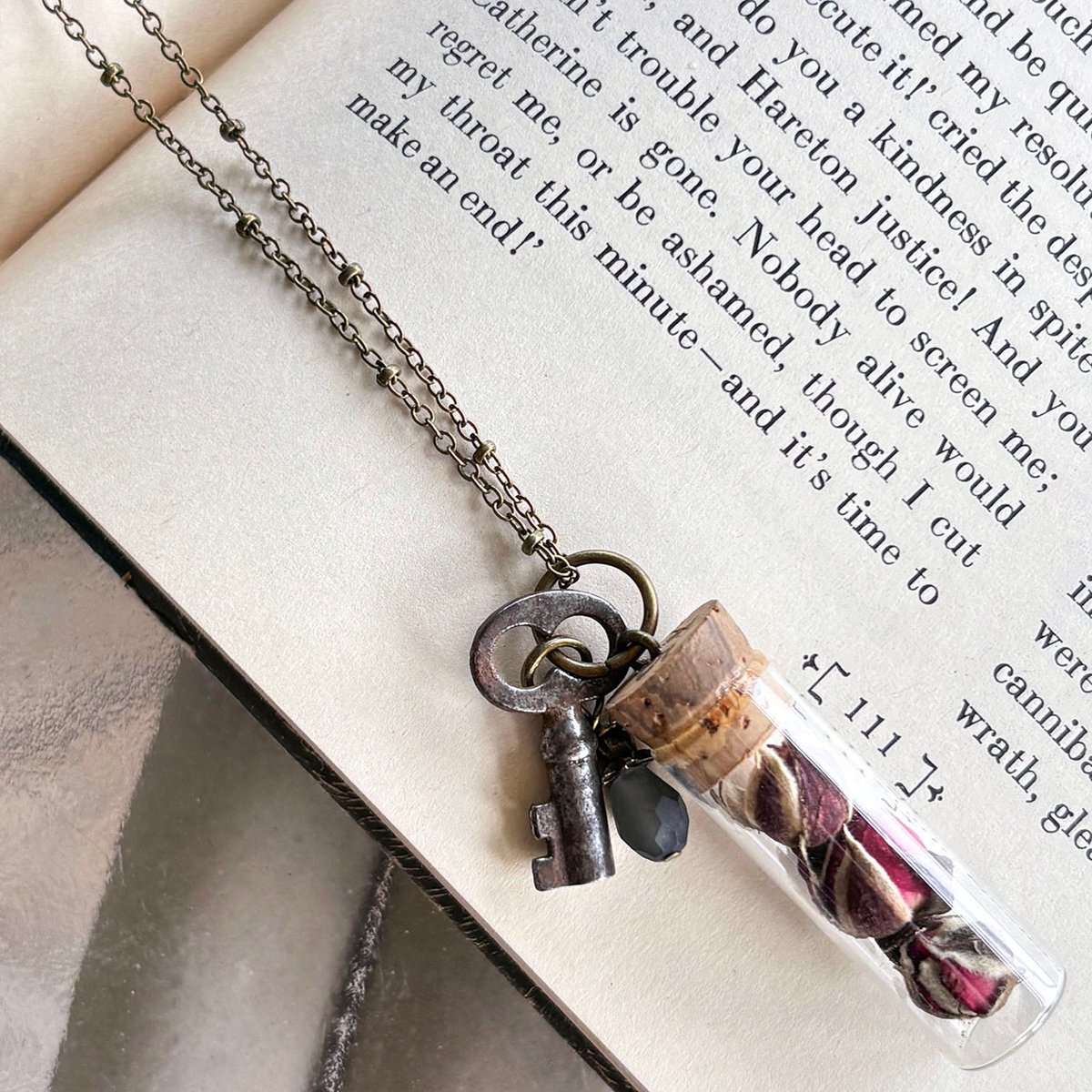 Rose Buds in Vintage Glass Vial with small key necklace