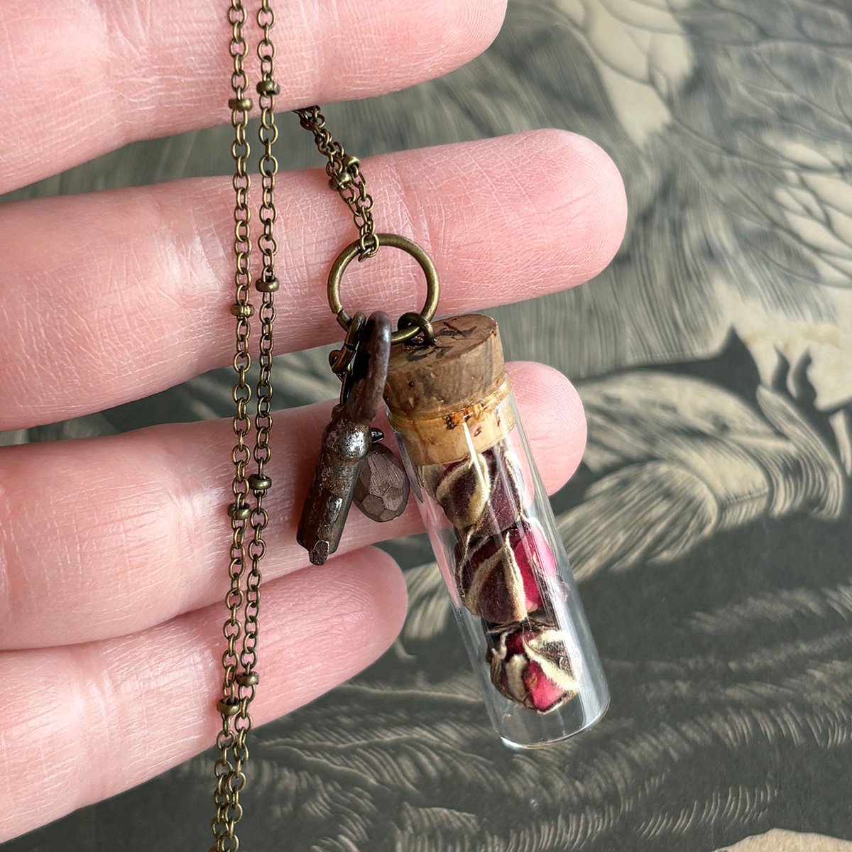 Rose Buds in Vintage Glass Vial with small key necklace