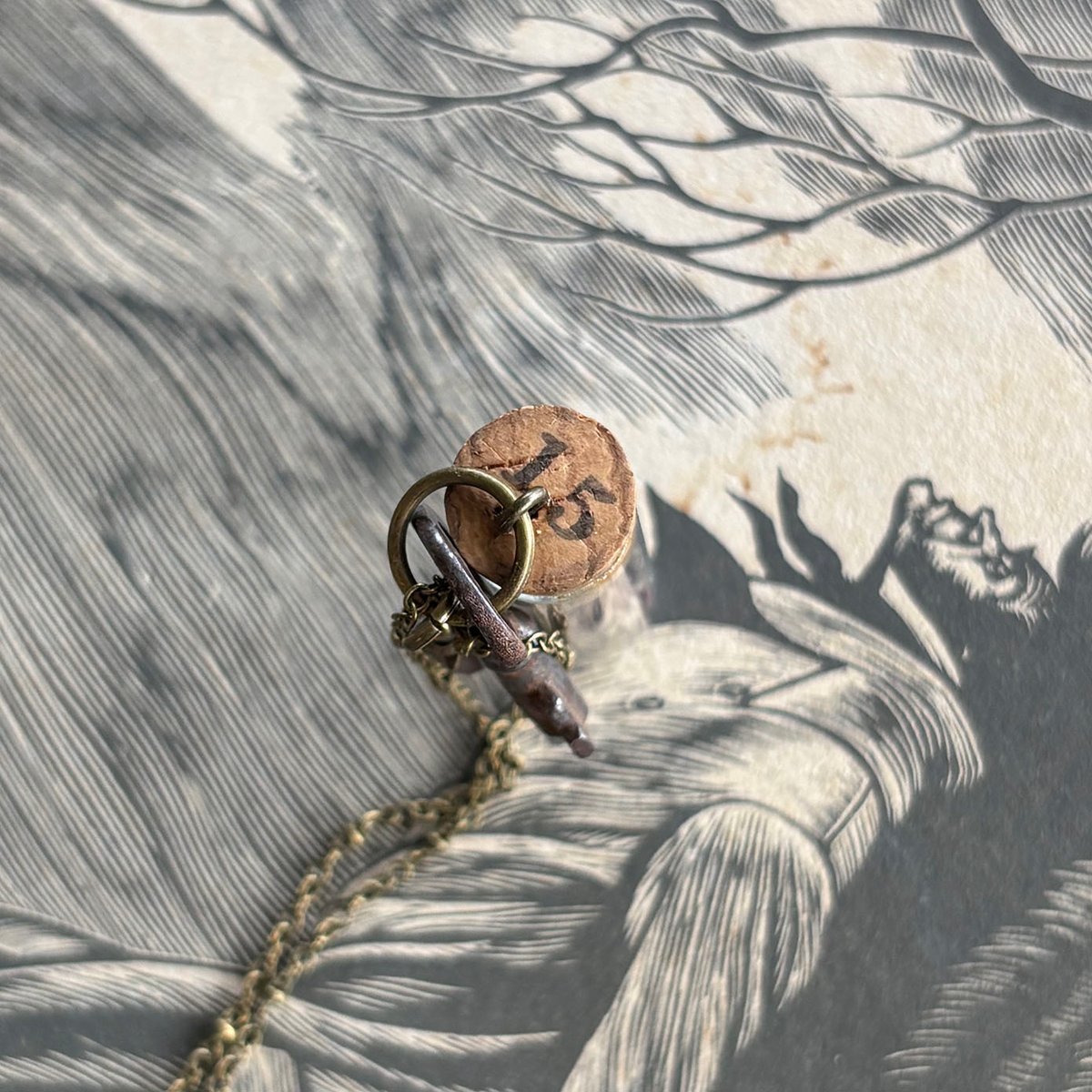 Rose Buds in Vintage Glass Vial with small key necklace