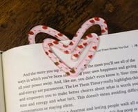 Image 2 of Handmade Heart Shaped Acrylic Paperclip with a Cherry Design, Pages, Bookmark, gift, work, school