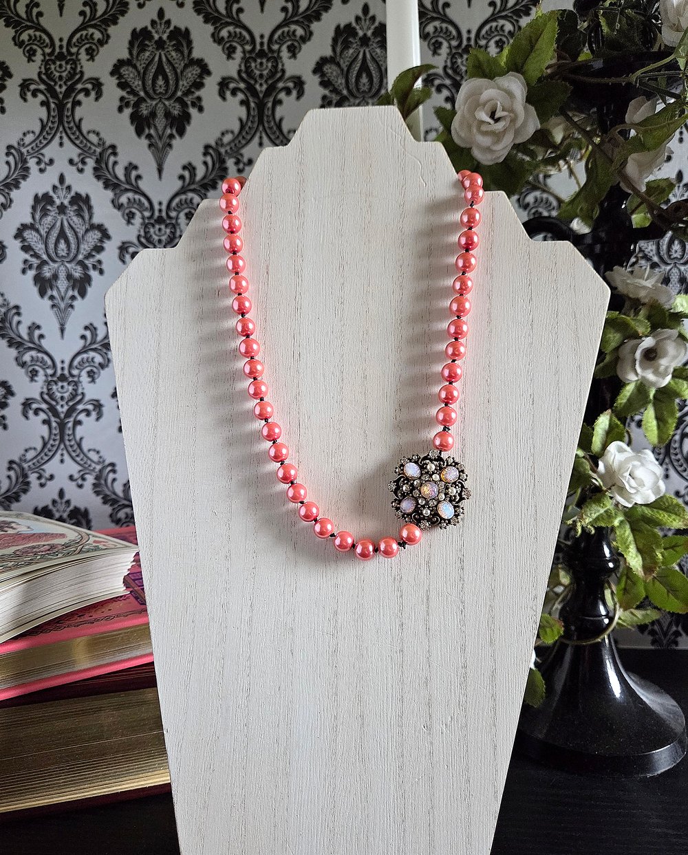 Image of Victorian-Inspired Pink Pearl Necklace with Repurposed Brooch Accent