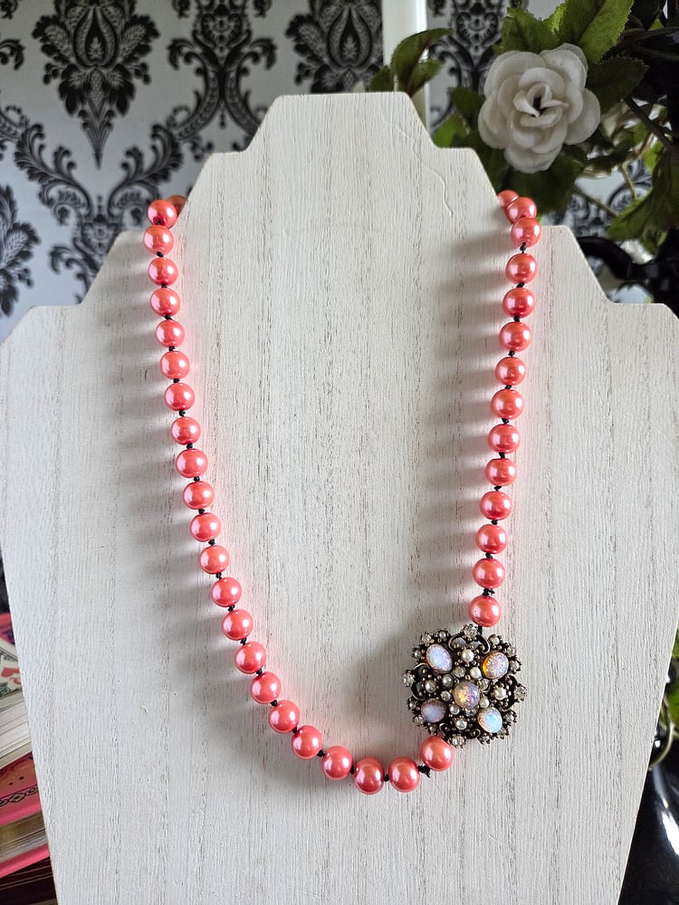 Image of Victorian-Inspired Pink Pearl Necklace with Repurposed Brooch Accent