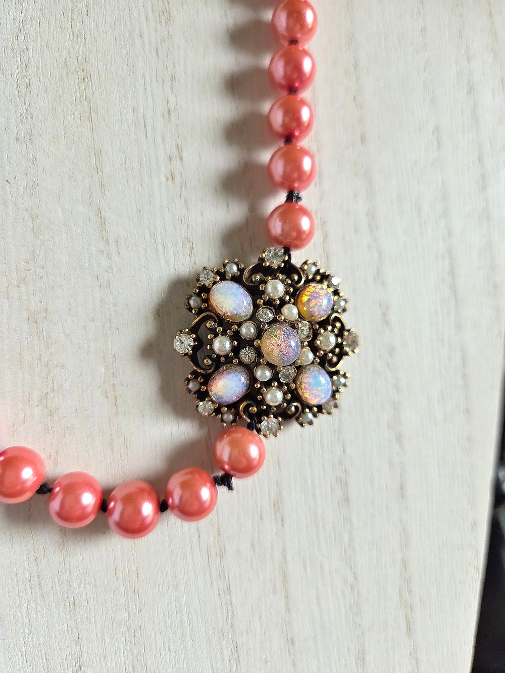 Image of Victorian-Inspired Pink Pearl Necklace with Repurposed Brooch Accent
