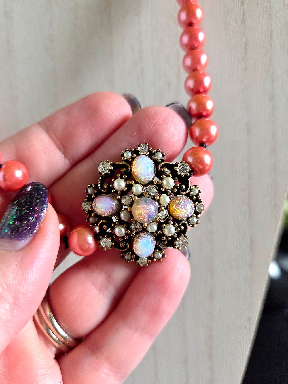 Image of Victorian-Inspired Pink Pearl Necklace with Repurposed Brooch Accent