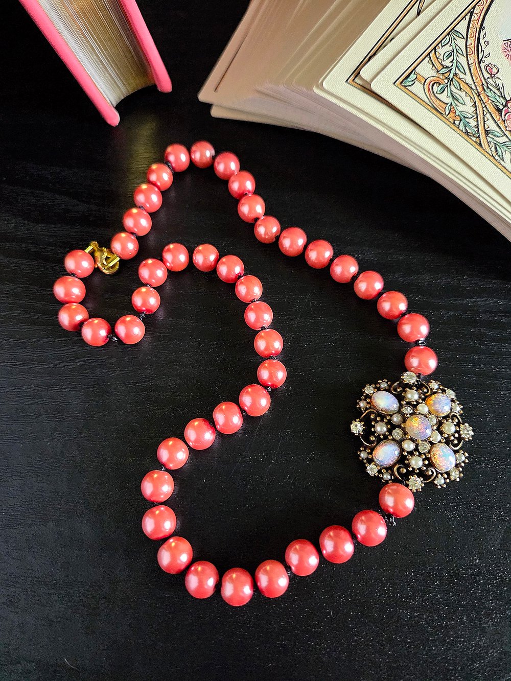 Image of Victorian-Inspired Pink Pearl Necklace with Repurposed Brooch Accent