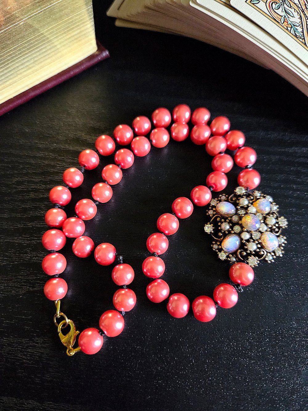 Image of Victorian-Inspired Pink Pearl Necklace with Repurposed Brooch Accent