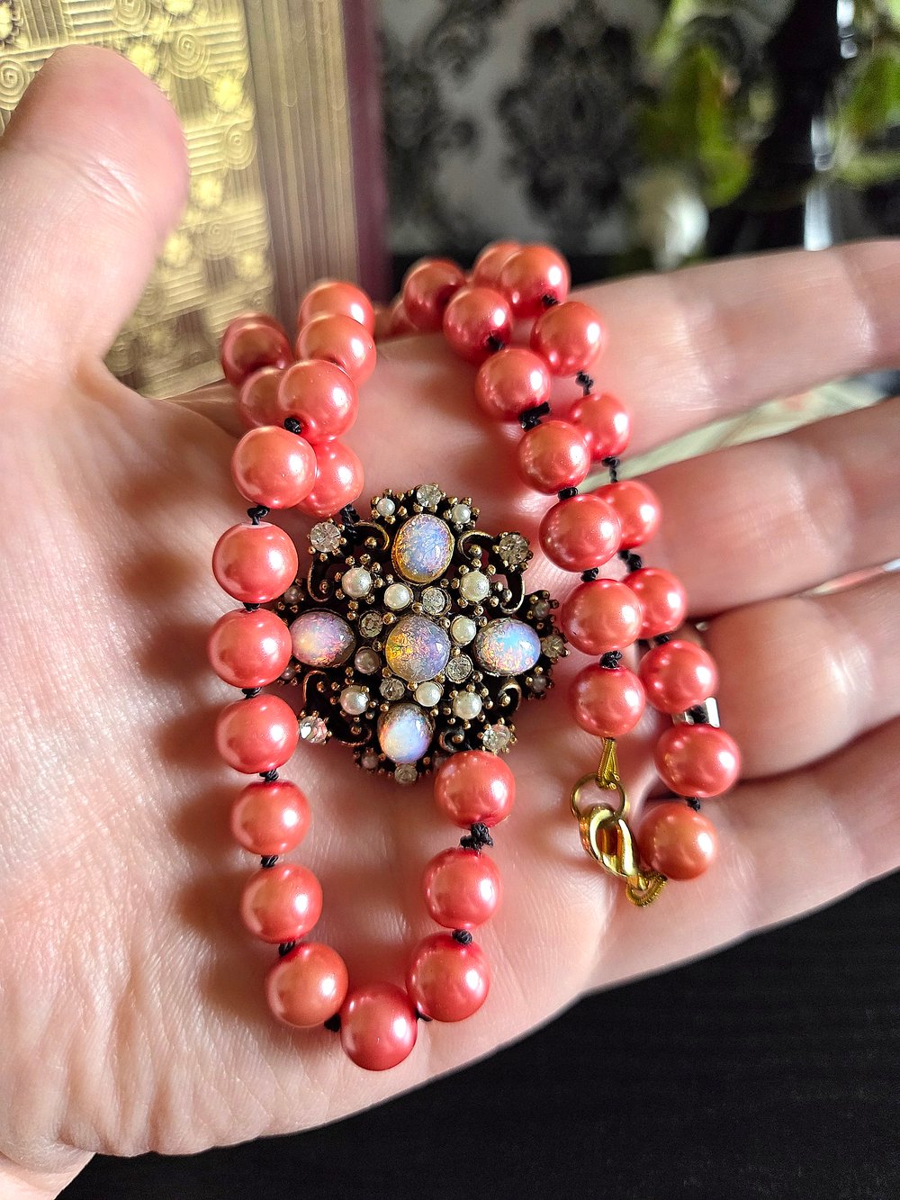 Image of Victorian-Inspired Pink Pearl Necklace with Repurposed Brooch Accent