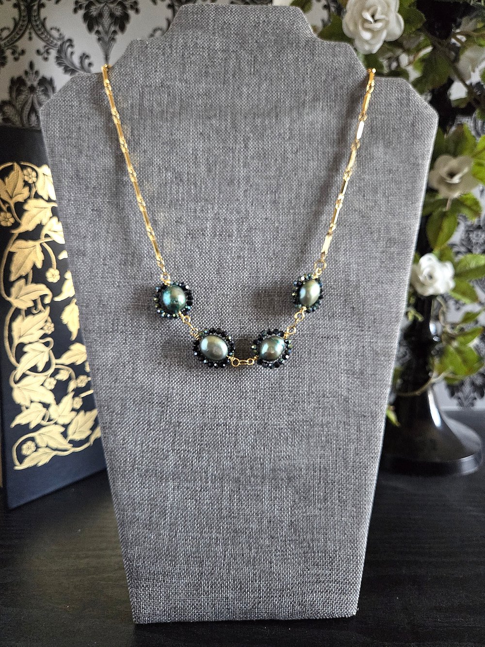Image of Dark Teal Pearl Necklace with Beaded Accents and Gold Chain