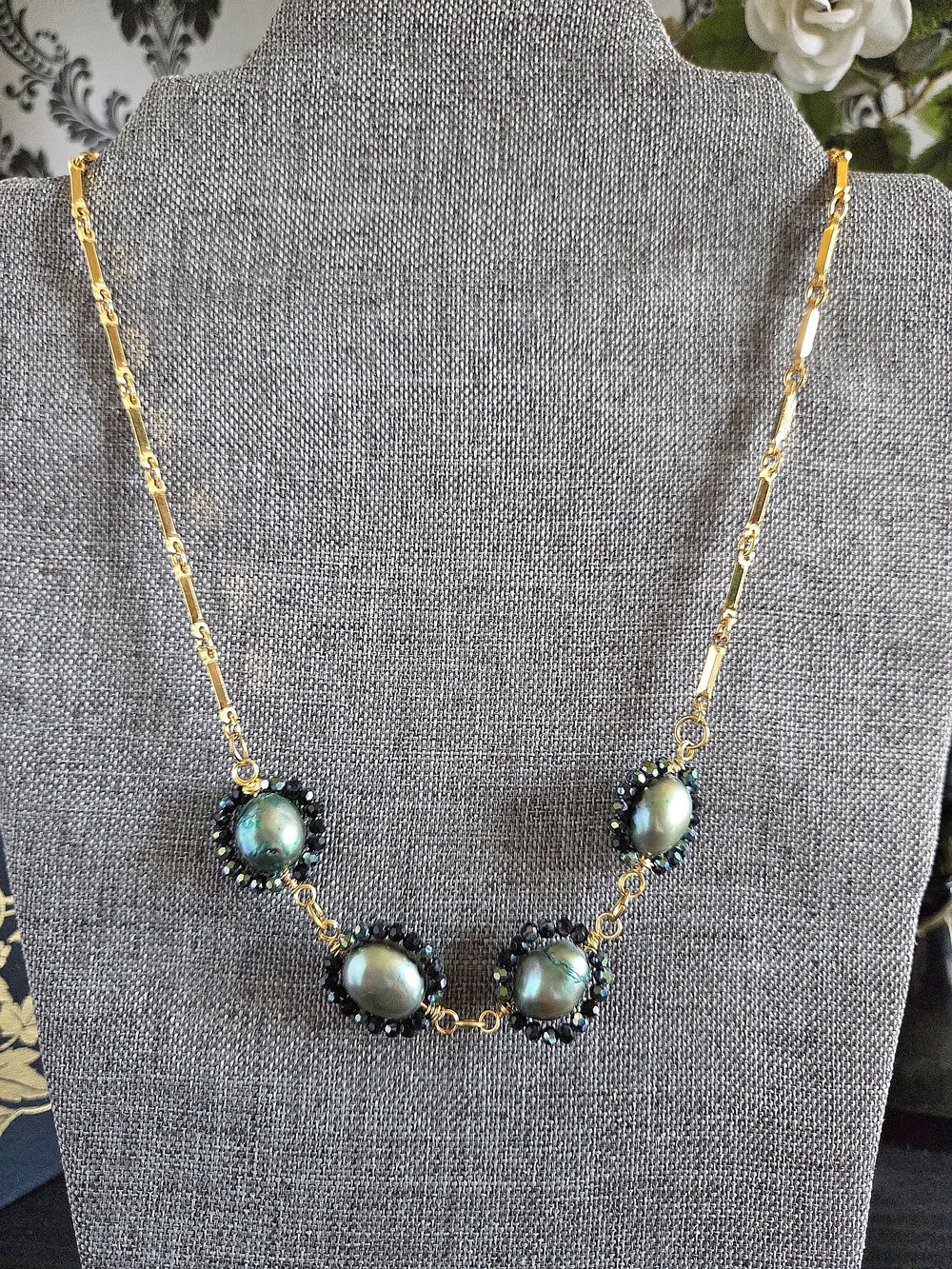 Image of Dark Teal Pearl Necklace with Beaded Accents and Gold Chain