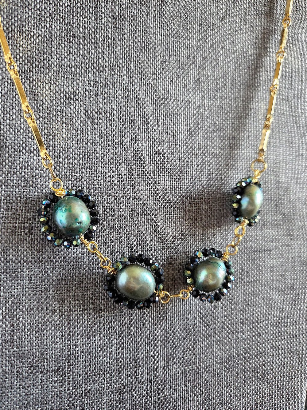 Image of Dark Teal Pearl Necklace with Beaded Accents and Gold Chain
