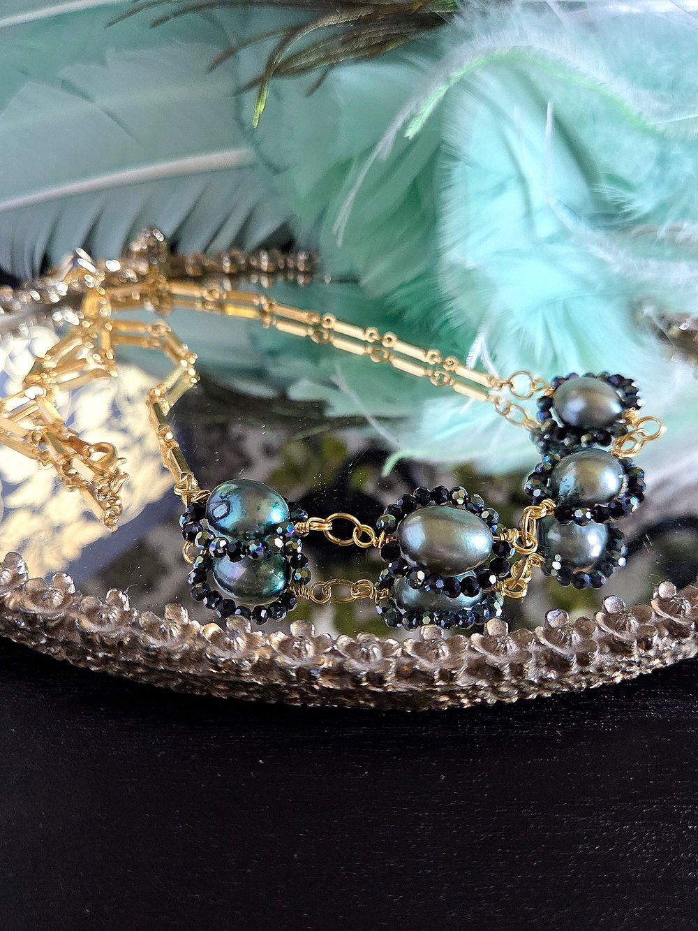 Image of Dark Teal Pearl Necklace with Beaded Accents and Gold Chain