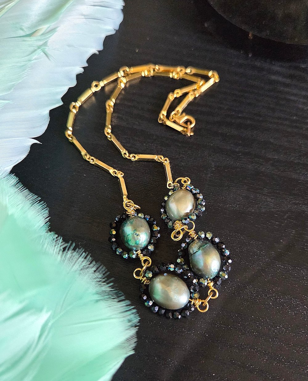 Image of Dark Teal Pearl Necklace with Beaded Accents and Gold Chain