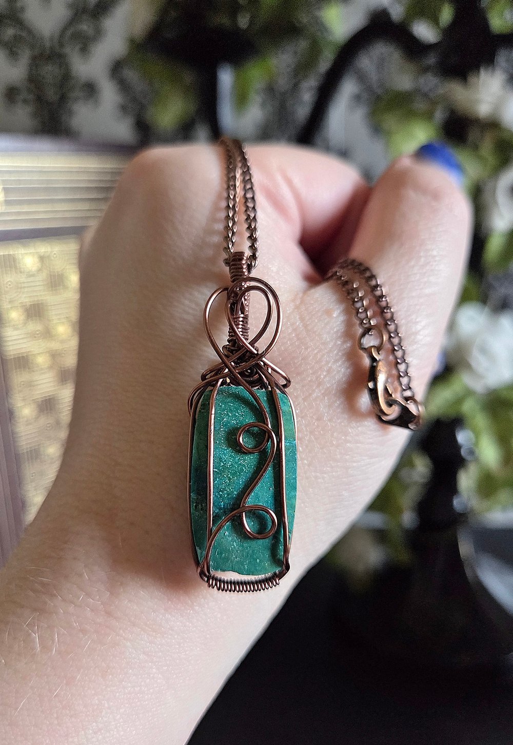 Image of Wire-Wrapped Chrysocolla Pendant Necklace with Chain