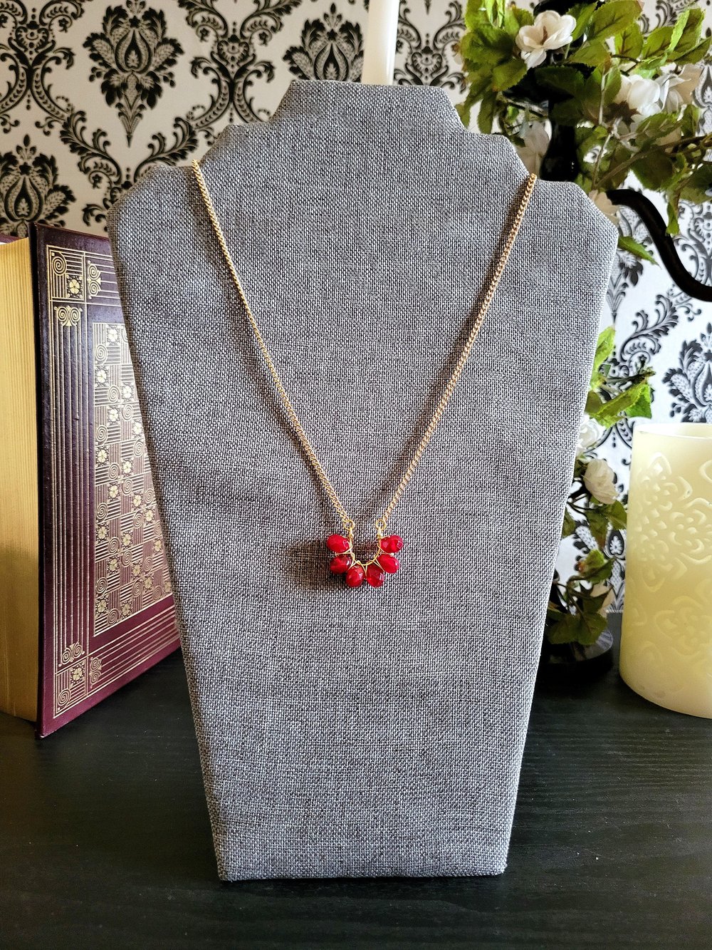 Image of Victorian-Inspired Red and Gold Wire-Wrapped Horseshoe Pendant