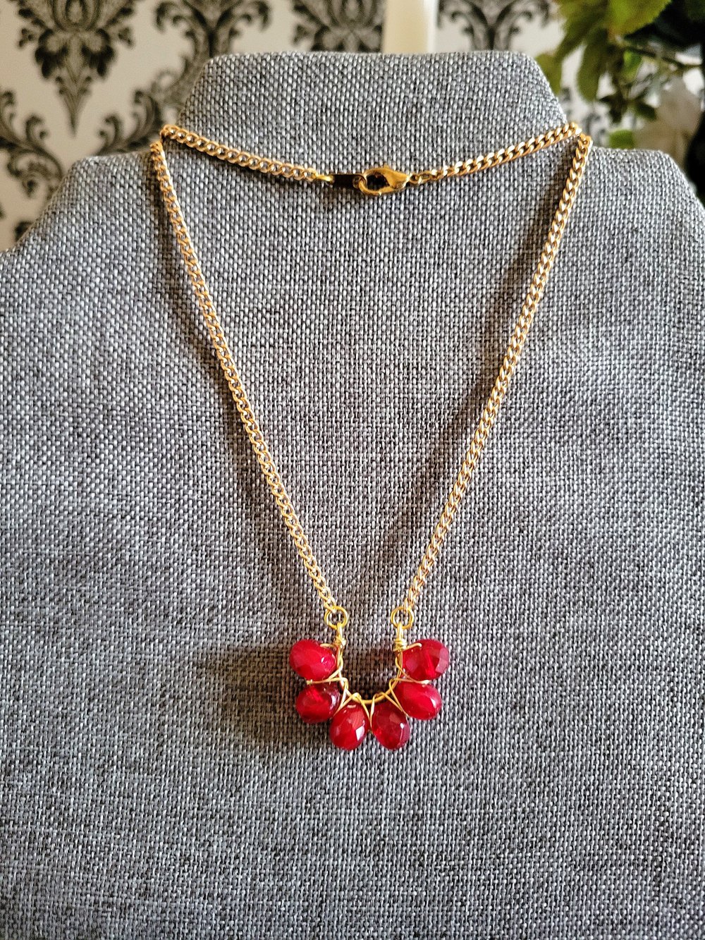 Image of Victorian-Inspired Red and Gold Wire-Wrapped Horseshoe Pendant