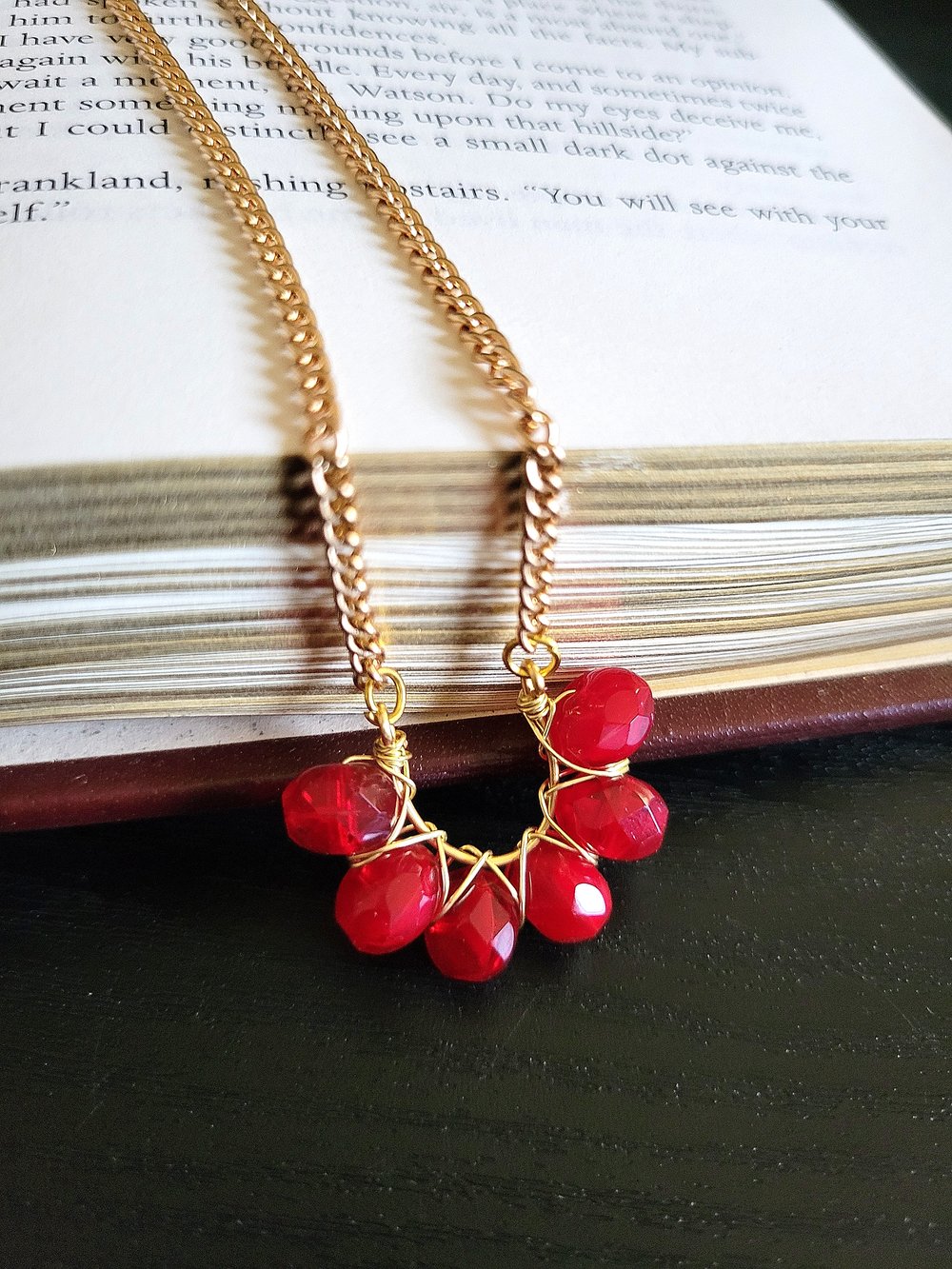 Image of Victorian-Inspired Red and Gold Wire-Wrapped Horseshoe Pendant