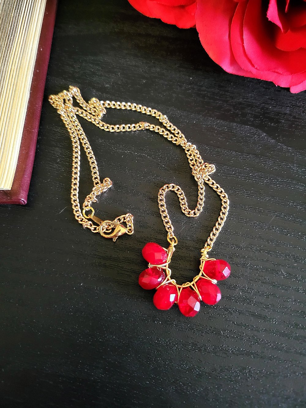 Image of Victorian-Inspired Red and Gold Wire-Wrapped Horseshoe Pendant