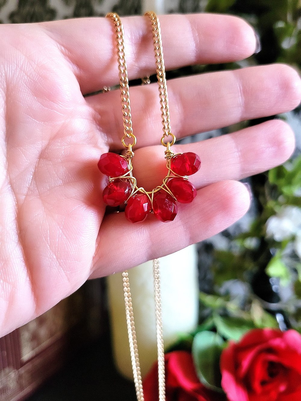 Image of Victorian-Inspired Red and Gold Wire-Wrapped Horseshoe Pendant