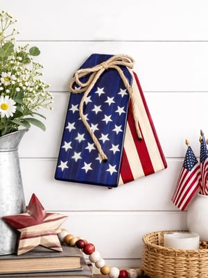 Image of American Flag Stars and Strips Wall Decor Tags, Cedar Wood, Patriotic Rustic Decor