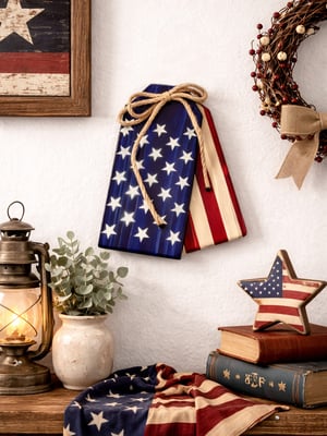 Image of American Flag Stars and Strips Wall Decor Tags, Cedar Wood, Patriotic Rustic Decor