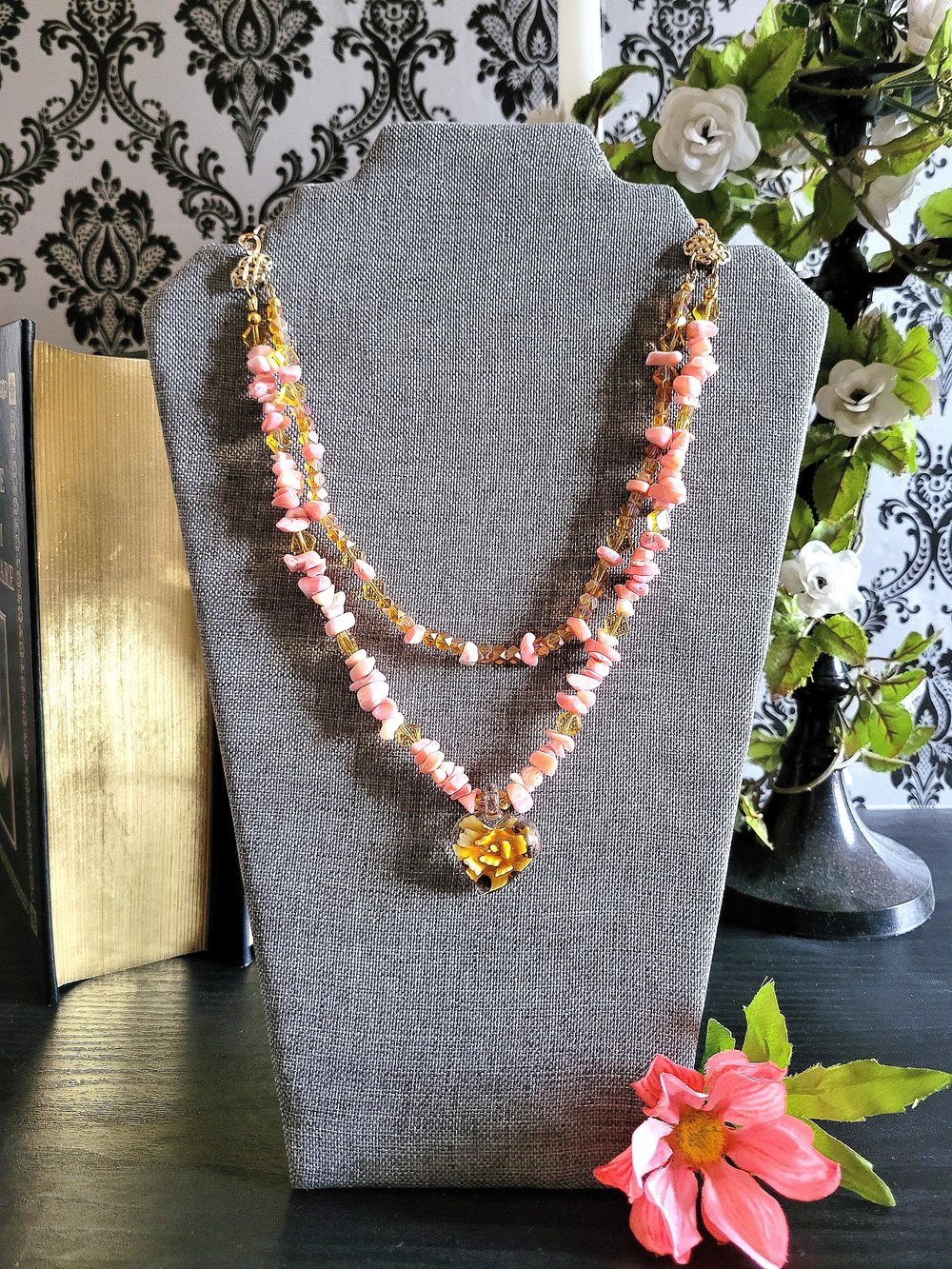 Image of Double-Stranded Pink and Yellow Beaded Necklace with Rose Pendant