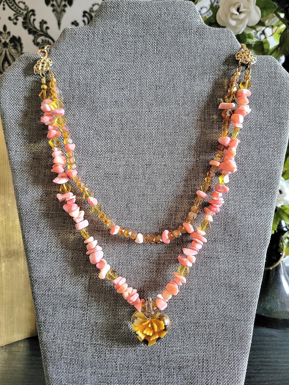 Image of Double-Stranded Pink and Yellow Beaded Necklace with Rose Pendant