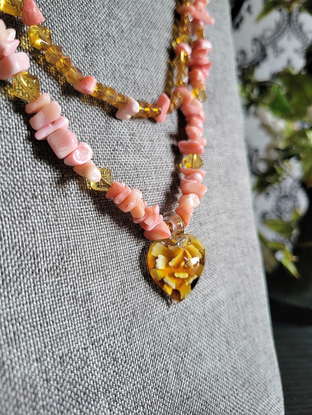 Image of Double-Stranded Pink and Yellow Beaded Necklace with Rose Pendant