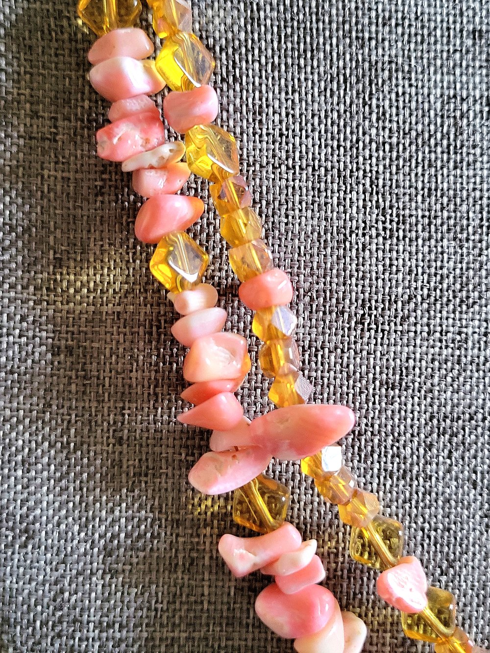 Image of Double-Stranded Pink and Yellow Beaded Necklace with Rose Pendant