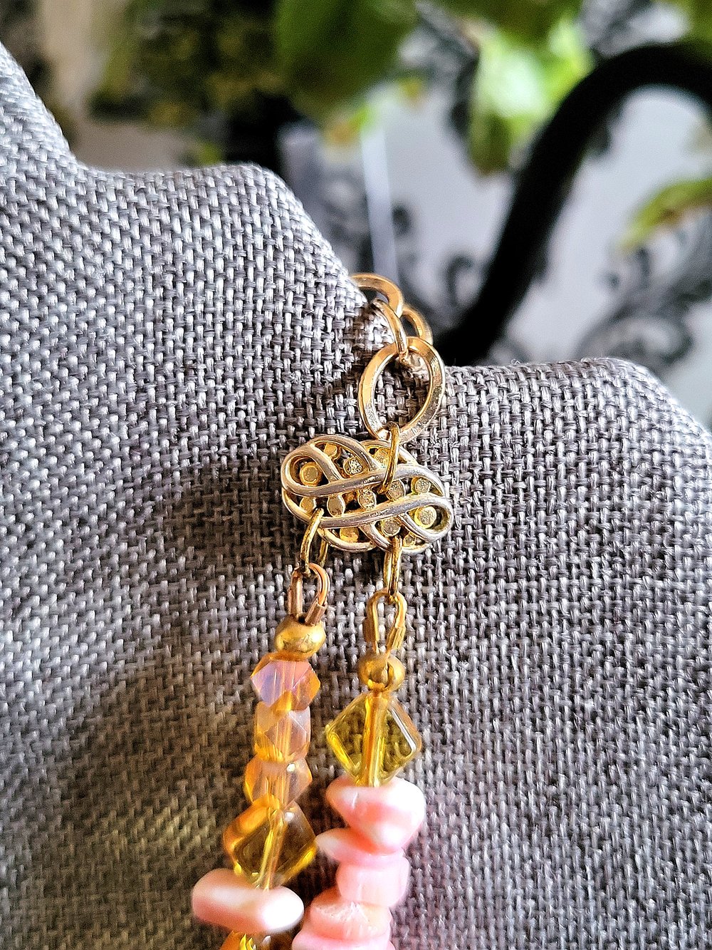 Image of Double-Stranded Pink and Yellow Beaded Necklace with Rose Pendant