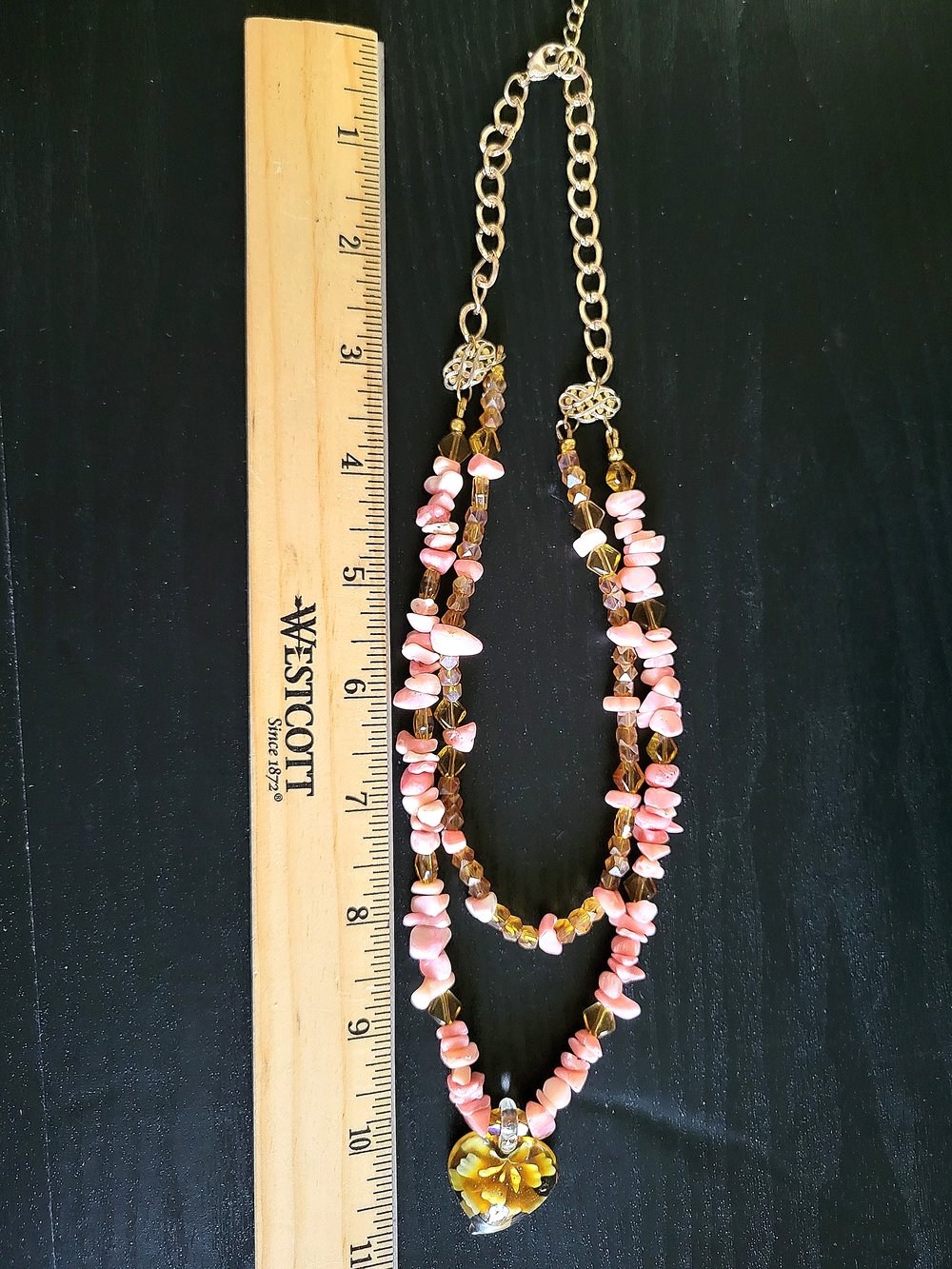 Image of Double-Stranded Pink and Yellow Beaded Necklace with Rose Pendant