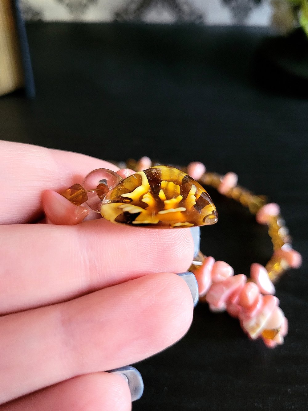 Image of Double-Stranded Pink and Yellow Beaded Necklace with Rose Pendant