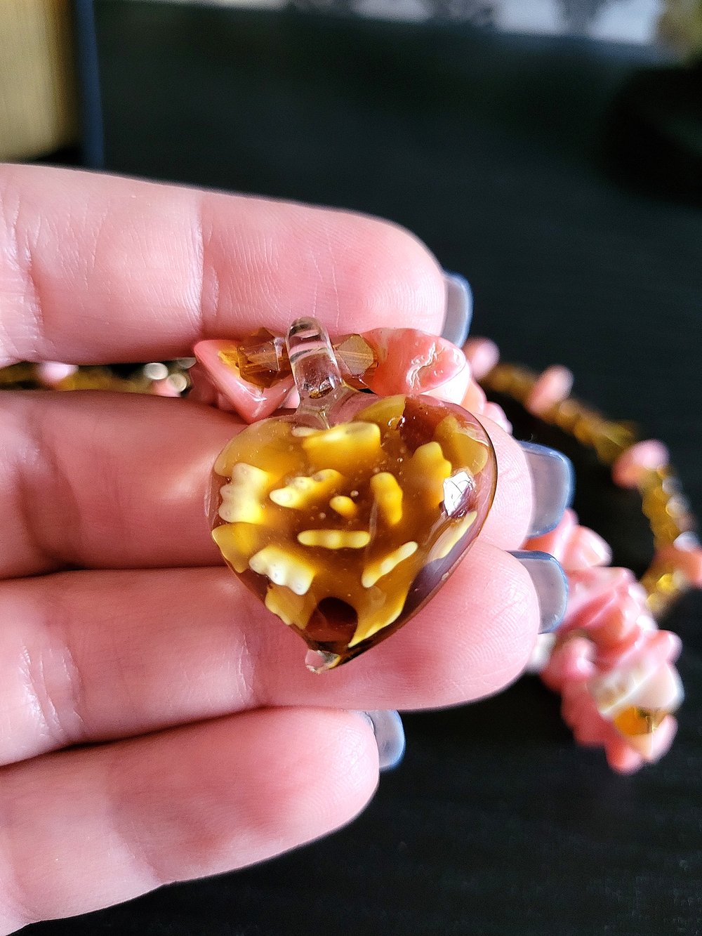 Image of Double-Stranded Pink and Yellow Beaded Necklace with Rose Pendant