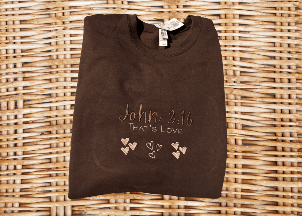 Image of Embroidered Valentine Heart Sweatshirt, Scripture, Christian Valentines, John 3:16