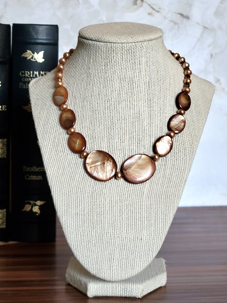 Image of Golden Brown Oval Shells and Pearls Necklace