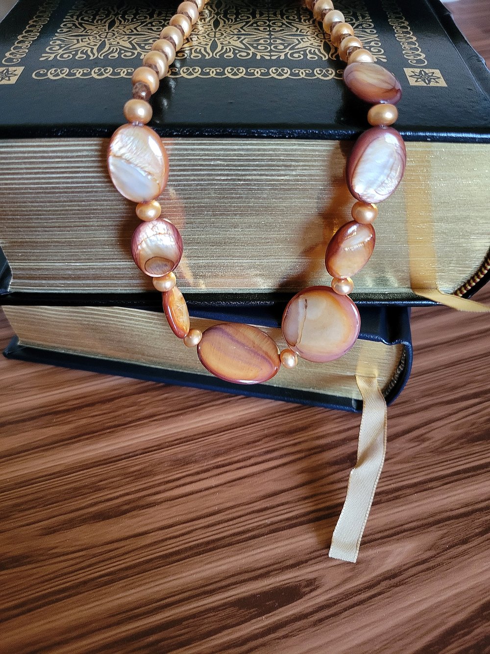 Image of Golden Brown Oval Shells and Pearls Necklace