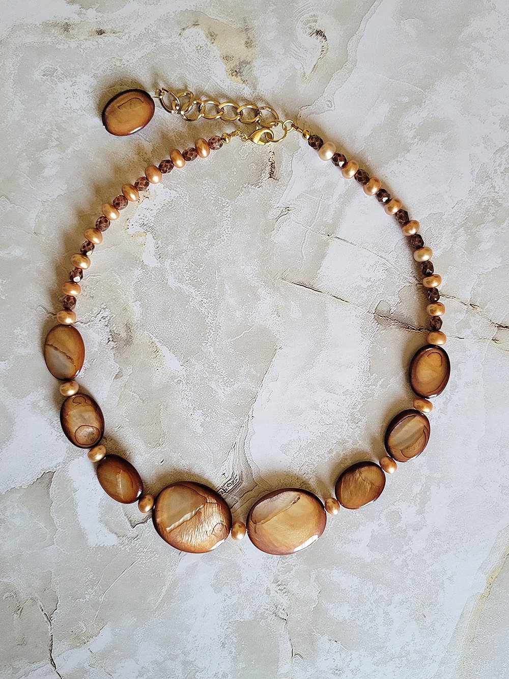 Image of Golden Brown Oval Shells and Pearls Necklace