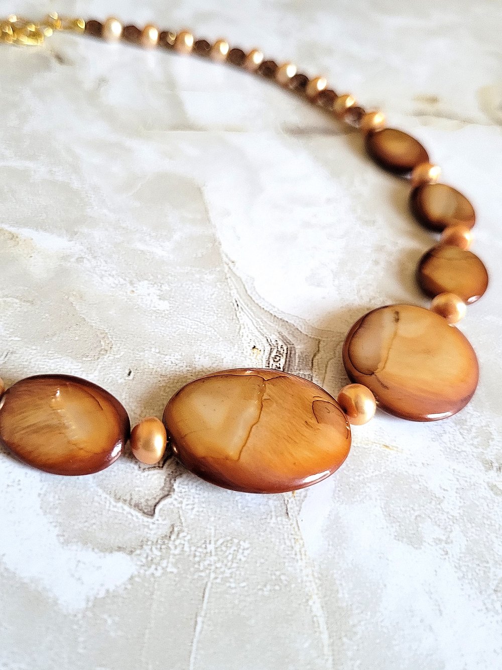 Image of Golden Brown Oval Shells and Pearls Necklace