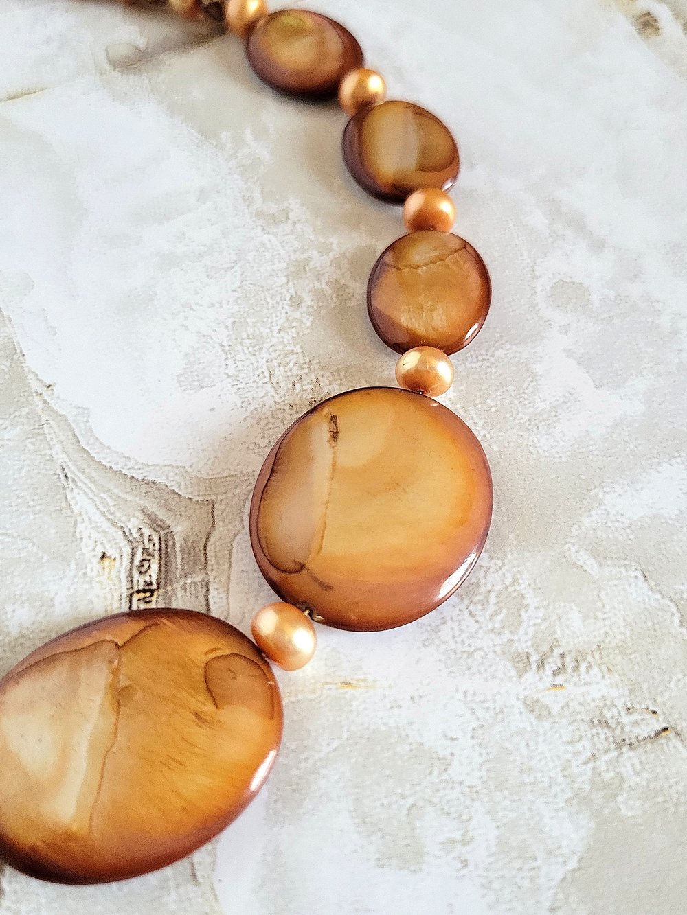 Image of Golden Brown Oval Shells and Pearls Necklace
