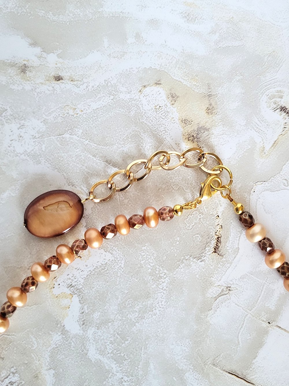 Image of Golden Brown Oval Shells and Pearls Necklace