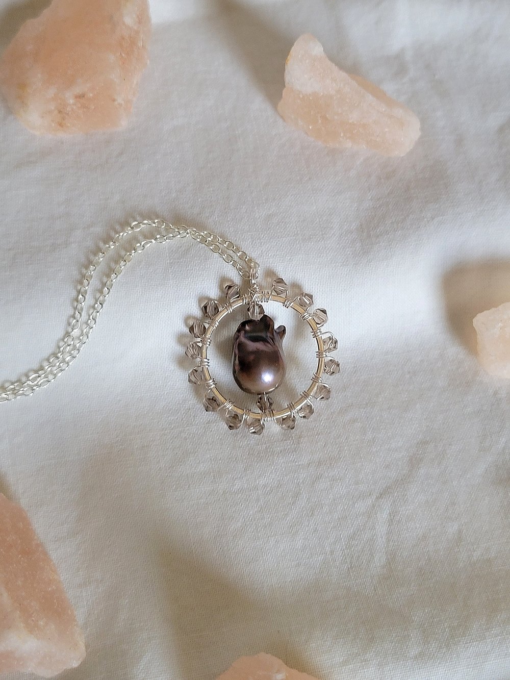 Image of Baroque Pearl and Smokey Gray Bicone Silver Pendant with Thin Chain