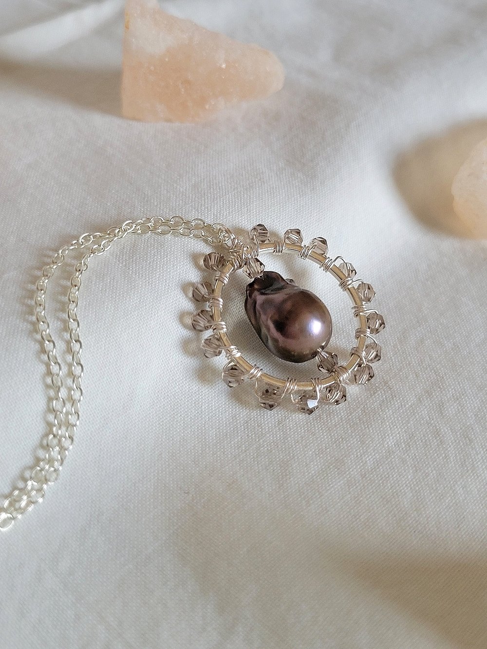Image of Baroque Pearl and Smokey Gray Bicone Silver Pendant with Thin Chain