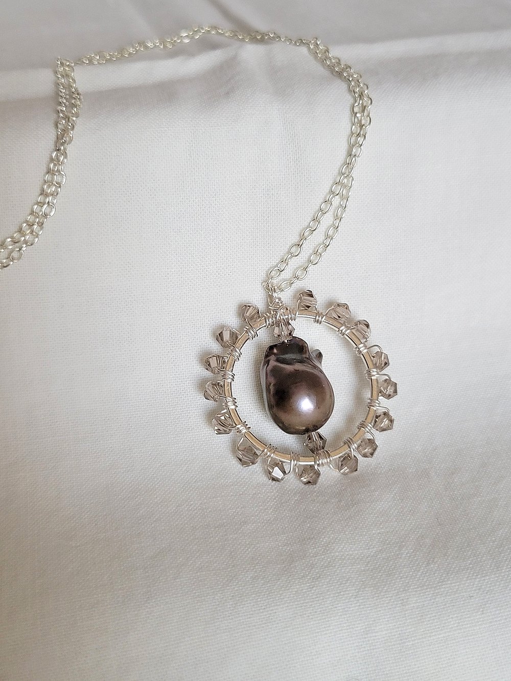 Image of Baroque Pearl and Smokey Gray Bicone Silver Pendant with Thin Chain