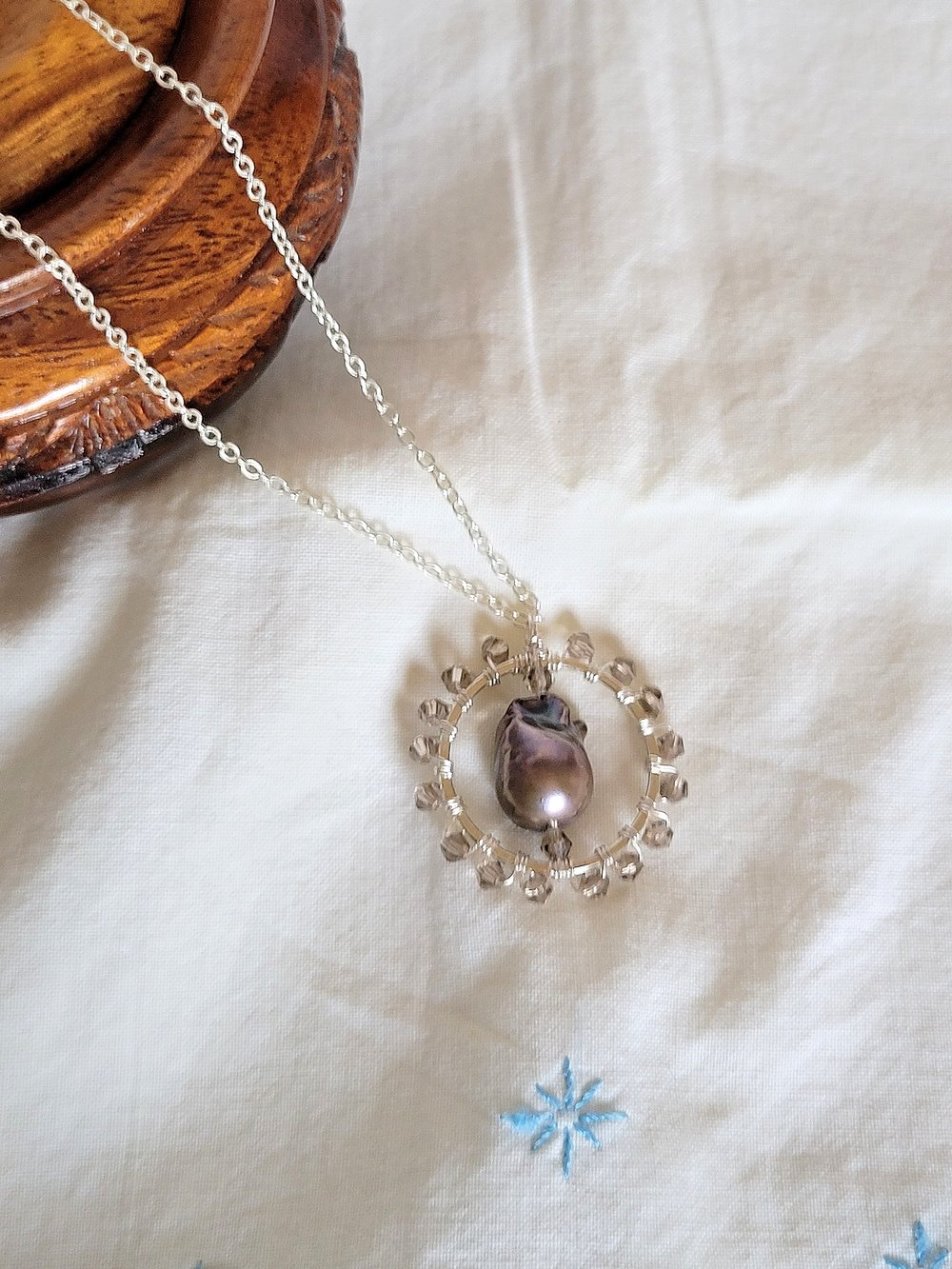 Image of Baroque Pearl and Smokey Gray Bicone Silver Pendant with Thin Chain