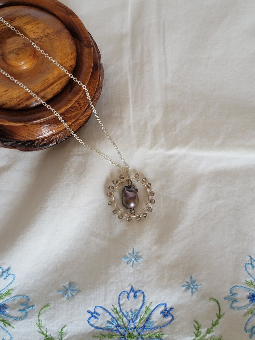 Image of Baroque Pearl and Smokey Gray Bicone Silver Pendant with Thin Chain