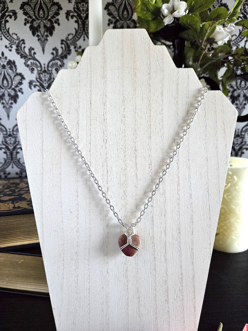 Image of Heart-Shaped Rhodonite Wire-Wrapped Pendant Necklace