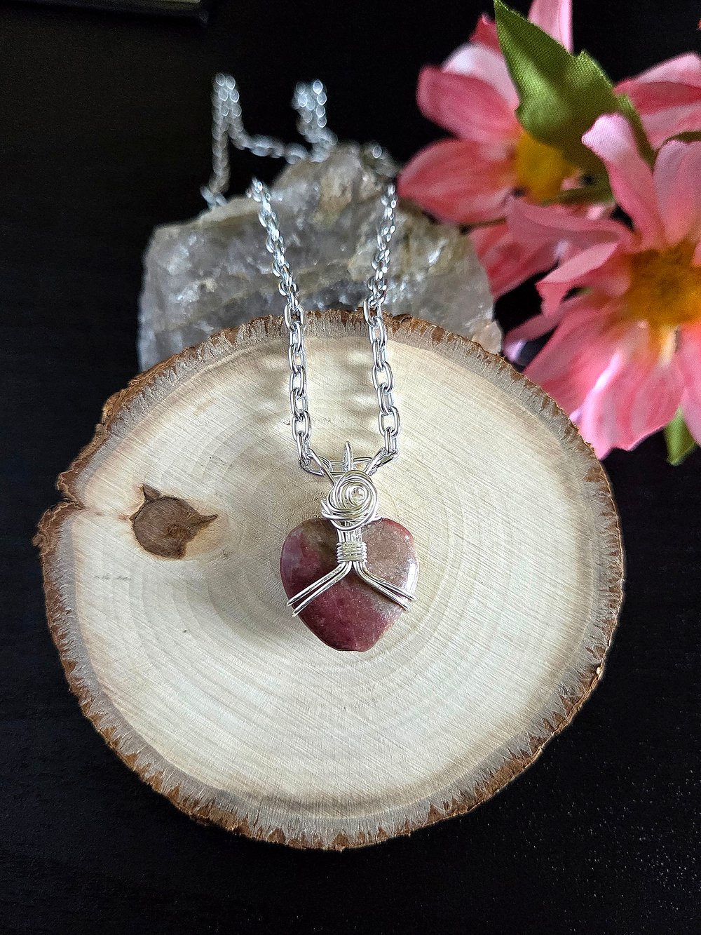 Image of Heart-Shaped Rhodonite Wire-Wrapped Pendant Necklace