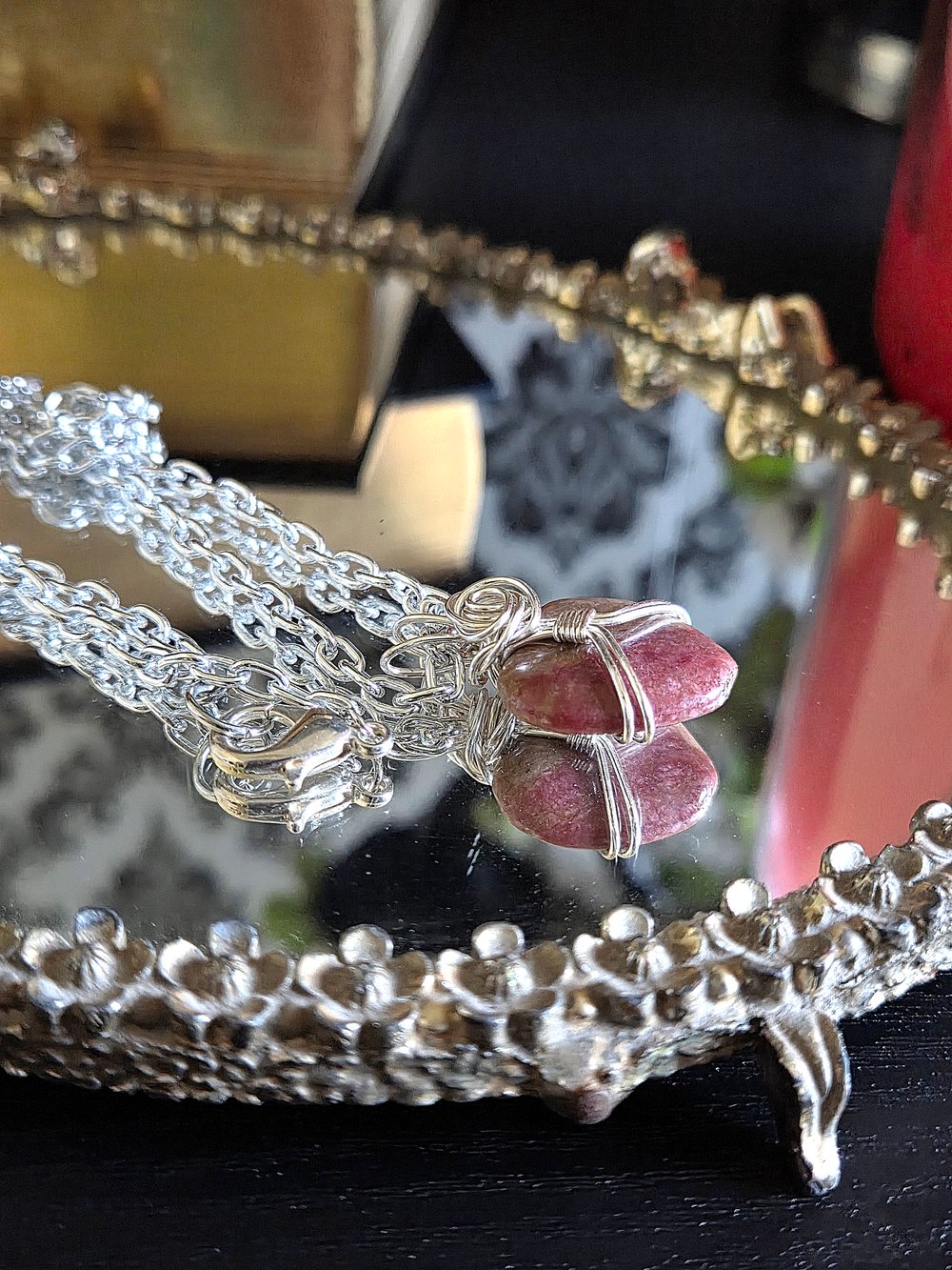 Image of Heart-Shaped Rhodonite Wire-Wrapped Pendant Necklace